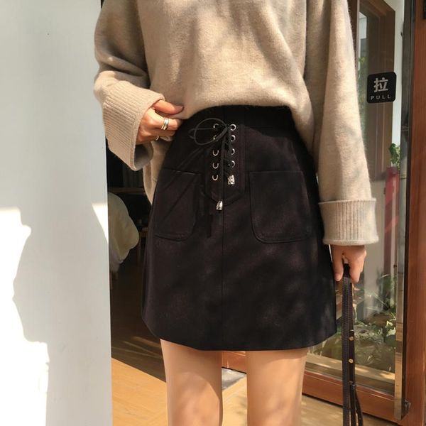 

skirts lace up black mini women high waist autumn winter pencil skirt pockets vintage harajuku designer clubwear office x850