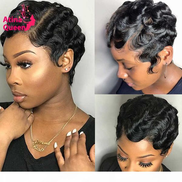 

pre plucked pixie cut wig wavy short bob wig lace front human hair wigs 13x4 lace closure wig with baby hair remy 250% for women, Black