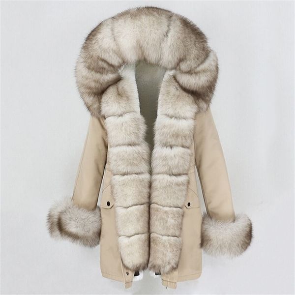 

oftbuy fashion winter jacket women coat natural real fox collar loose long parkas big fur outerwear detachable y201012, Black