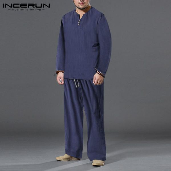 

man autumn suits incerun vintage solid suits men long sleeve v neck drawstring pants 2 pieces chinese style cotton sets 5xl, Gray