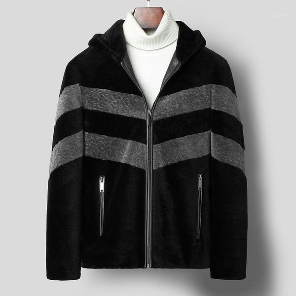 

209 new real fur coat men autumn winter sheep shearing wool jacket hooded korean men's wool fur coats c-01-1823 kj33041, Black