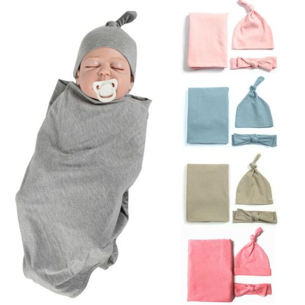 

newborn baby girl boy swaddle wrap blanket sleeping bag+headband +hatoutfits set