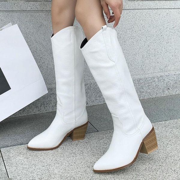 

autumn women boots pointed toe square high heel knee high boots pu leather comfortable winter plush woman western, Black