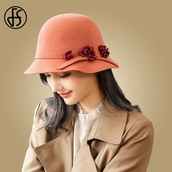 

fs winter black hats for women wide brim fedora hats 100% wool vintage felt cloche hat elegant flowers lady autumn church caps c0123, Blue;gray