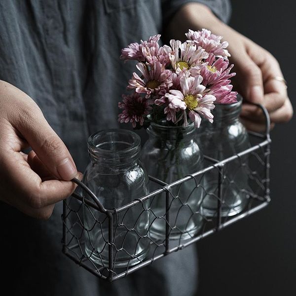 

grid basket wrought iron bottle juice bottle decoration creative flower pot holder small object display stand indoor pendant