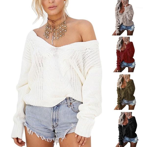 

long sleeve chunky cable knit sweater women autumn deep v-neck off shoulder pullover solid casual loose jumper shirt1, White;black