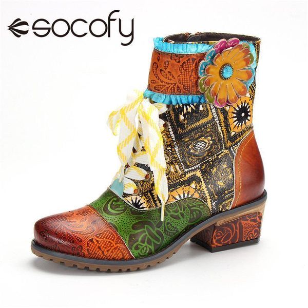 

boots socofy leather shoes cowgirl casual floral splicing zipper lace up square heel ankle women botas mujer 20211, Black