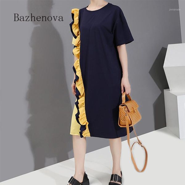 

casual dresses bazhenova unique design women ruffles dress girls loose hit color round neck streetwear woman summer gowns a-line r4951, Black;gray