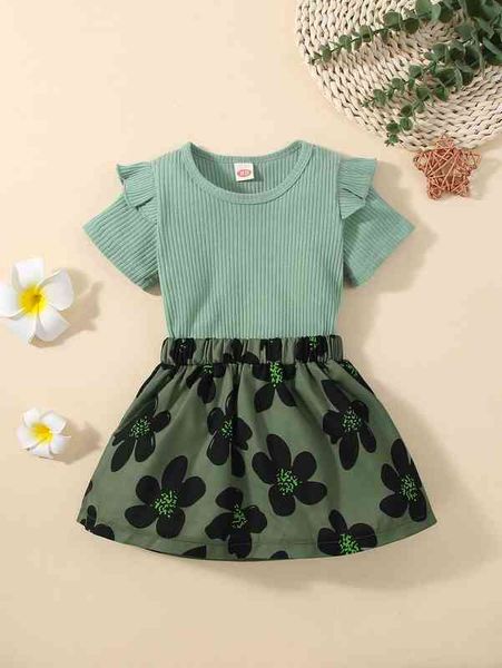 

baby ruffle trim tee & floral print skirt she, Blue