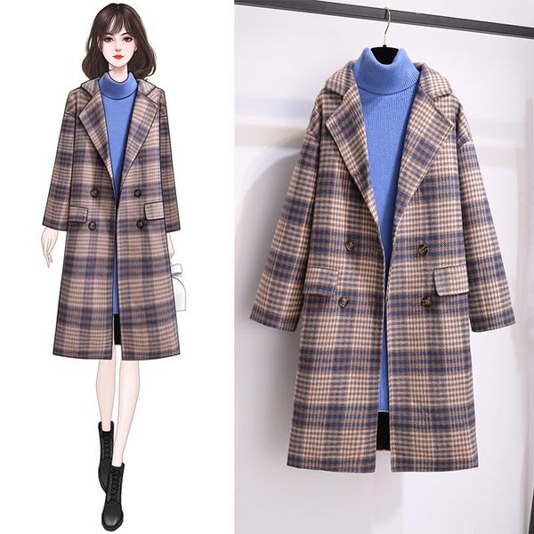 

winter vintage notched double breasted plaid cloth outerwear long loose wool blend thick coat, Black
