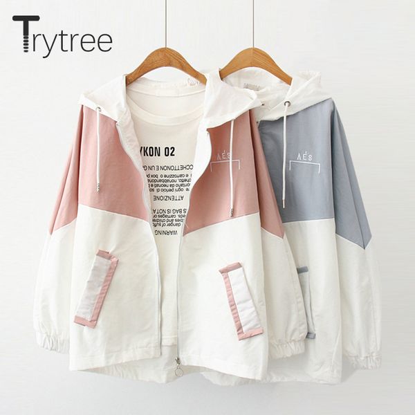 

trytree autumn hooded coat casual zipper women 3 colors patchwork polyester pockets letter trench fashion loose thin coat 201031, Tan;black