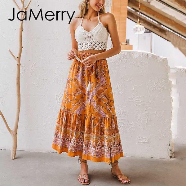 

jamerry bohemian floral print beach skirt women tassel elastic waist a-line long skirt spring summer ladies holiday skirts 20201, Black