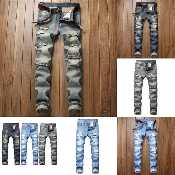 

910dp men hole skinny jeans destroyed ripped denim man stretch jeans, Black