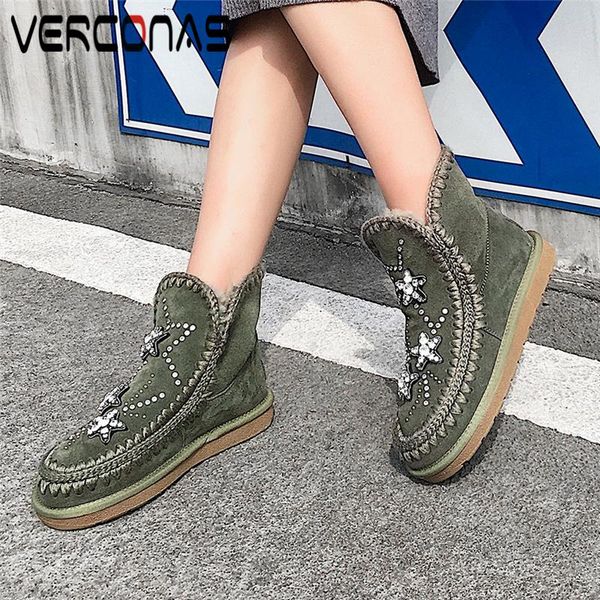 

verconas cow suede ankle boots for women new rhinestone appliques flat with shoes woman autumn winter warm casual snow boots, Black