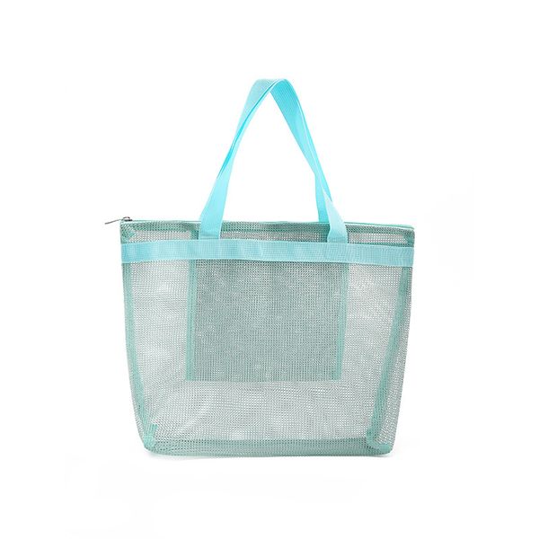 

eco friendly shoulder hollow out nylon mesh pool bag travel storage clear beach tote bag zipper pocket