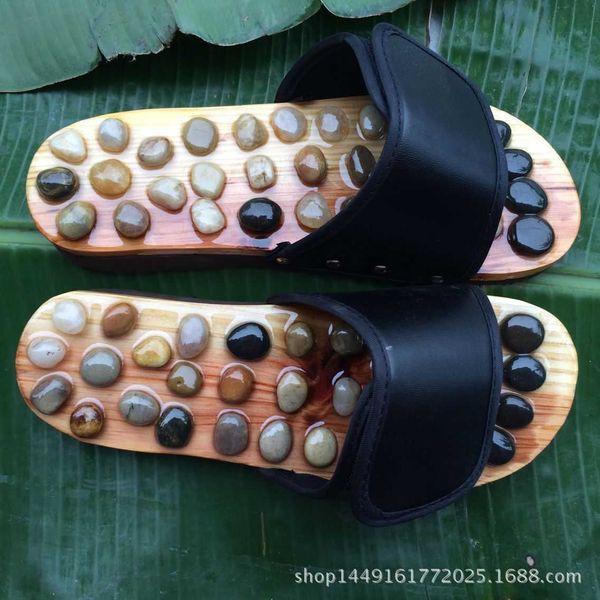 

large color jade agate pebble sole acupoint health massage slippers, Black