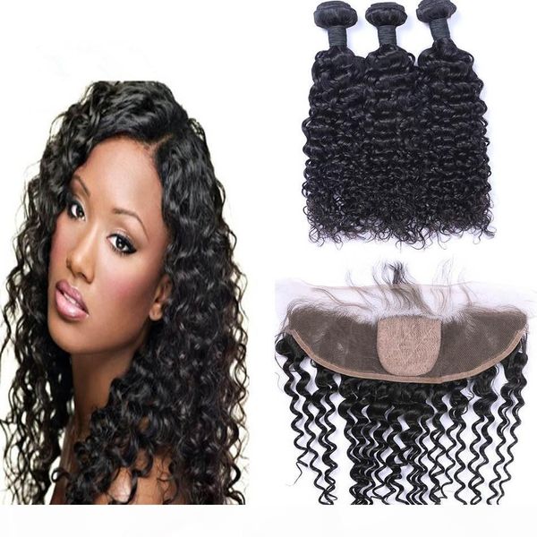 

8a brazilian deep curly with silk base lace frontal 13*4 ear to ear silk 4*4 full lace frontals with bundles 4pcs lot, Black