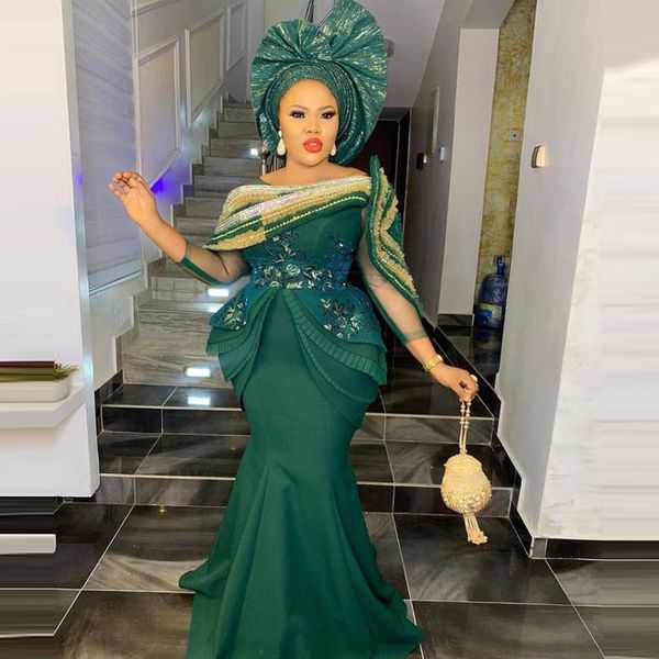 Yeşil Balo Elbise Vestido Verde Esmeralda Mermaid Boncuklu Aplikler Ruffles Bir Omuz Üç Çeyrek Kollu Örgün Aso Ebi Abiye LJ201124