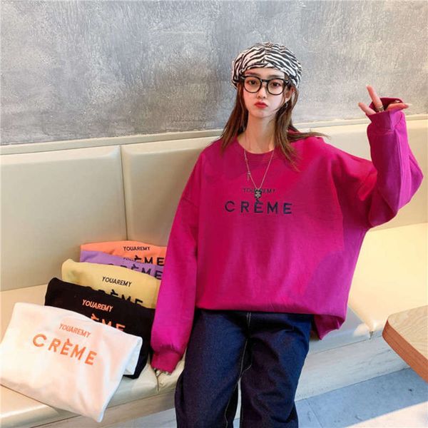 

spring new korean version of 2021 women's terry cotton loose embroidered letter student casual t-shirt, Black