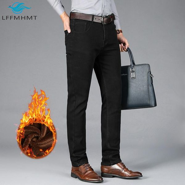 

mens jeans winter flocking mid waist straight denim pant business casual slim fit thick warm stretchy black trouser, Blue