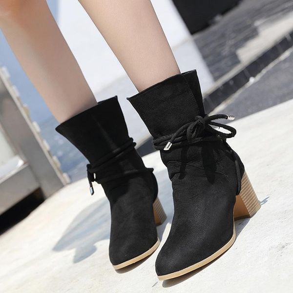 

women high heel flock boots velvet slip-on cross-tied mid-calf ladies winter snow boots suede for plus size 35-42, Black