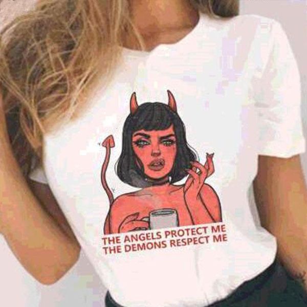 

the angels protect me the demons respect me print vogue t shirt chic harajuku vintage bf large size loose women's t-shirt, White