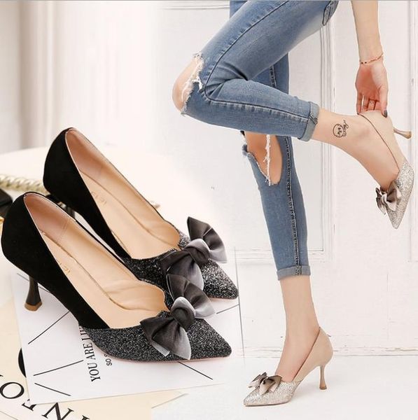 

new spring high heel pointed leather shoes elegant medium heel butterfly knot shallow suede sanded shoes, Black