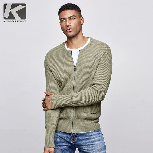 

kuegou autumn thick wool solid army green sweater men cardigan casual jumper male brand knitted korean style clothes 18202 201026, White;black