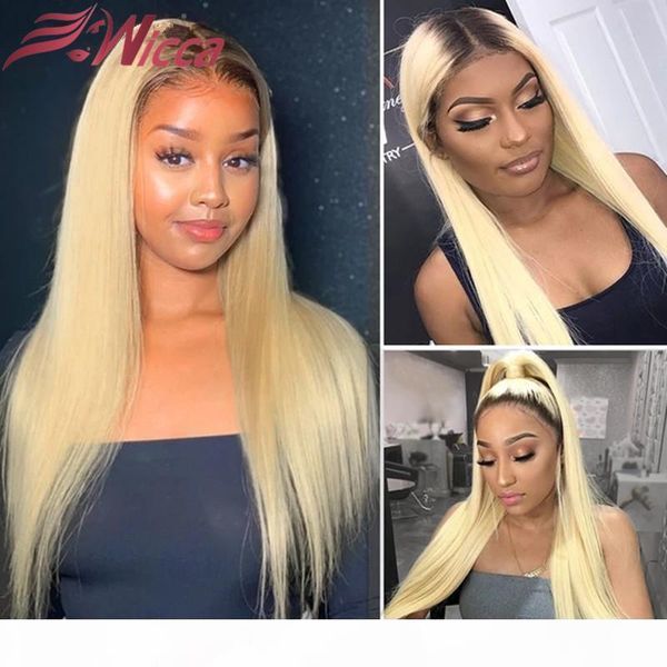 

wicca 1b 613 ombre lace front human hair wigs remy brazilian straight lace wig pre plucked with baby hair for women, Black;brown
