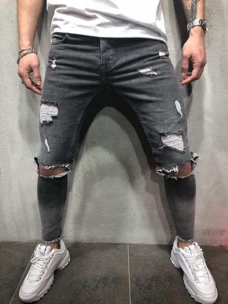 

europe and america fashion-men's jeans with holes skinny beggar slim fit frayed edges men's versatile cowboy pants, Blue