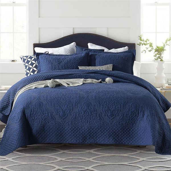 

chausub bedspreads solid quilt set 3pcs cotton embroidered bed cover with 2 pillowcase queen size coverlet summer blanket blue1