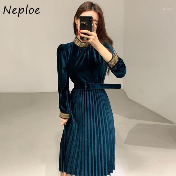 

neploe chic stand collar patchwork high waist women dresses elegant mid-length velvet pleated dress a-line vestidos with belt1, Black;gray