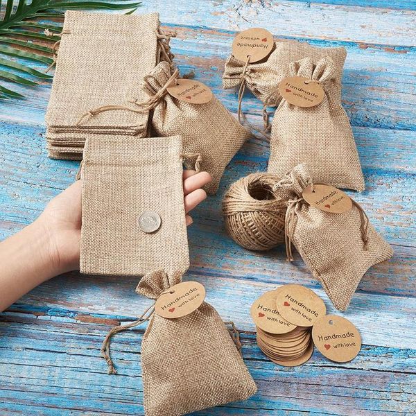

1set burlap packing pouches drawstring bags with jewelry display kraft paper price tags and hemp cord twine string for bbyiwv