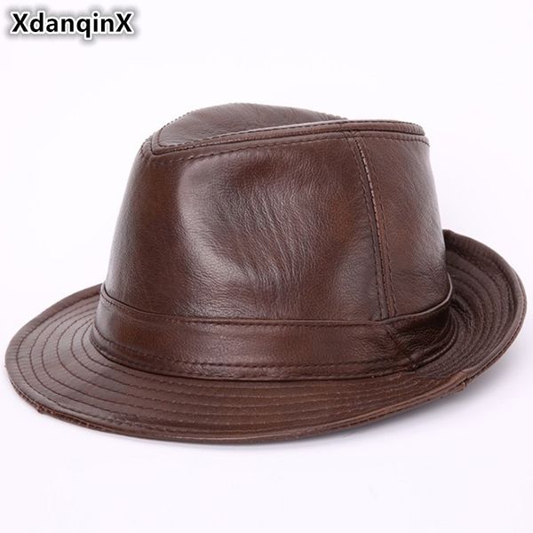

xdanqinx new men's genuine leather fedoras hat winter cowhide leather jazz hats elegant fashion women's brand cap t200104, Blue;gray