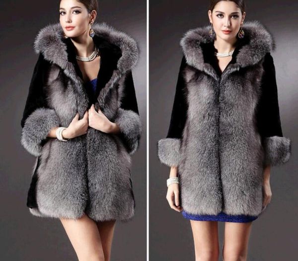 

women's fur & faux autumn and winter style coat ladies hooded thick furry big collar keep warm, Black