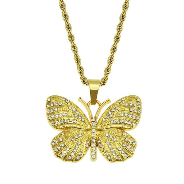 

hip hop rhinestones paved bling iced out butterfly pendants necklace for men rapper jewelry drop shipping, Silver