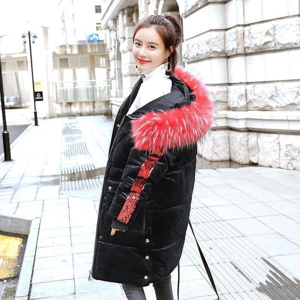 

women's down & parkas buy parka coat mid -long style winter knee -crossing 2021 casual bead piece long sleeve thick cotton 18131, Black