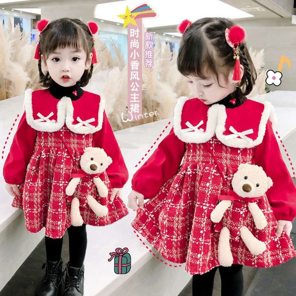 

girls' year's 2020 winter new foreign sle plaid children's thickened drs, Red;yellow