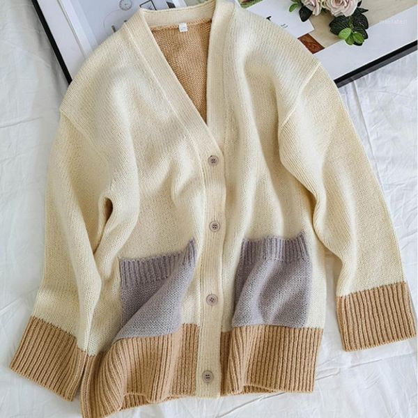 

color patchwork women knit cardigans sweater v-neck long sleeve single breasted loose lady knit cardigans coat1, White