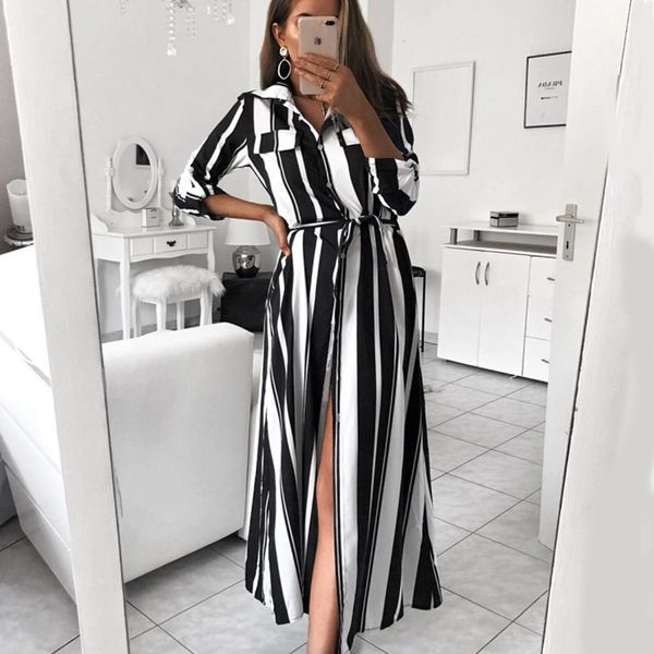 

stripe maxi dress office lady turndown collar button long shirt women autumn summer sleeve dresses, Black;gray