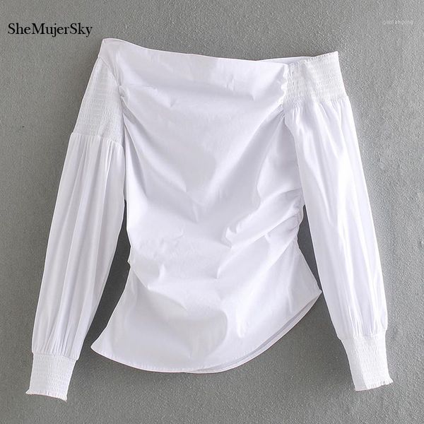 

shemujersky white one shoulder blouse 2020 fashion long sleeve ruched shirts blusas1