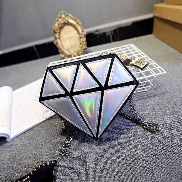 

women's pu leather messenger crossbody mini bags diamond shape shoulder bag chain holographic handbags purse clutch bolsa