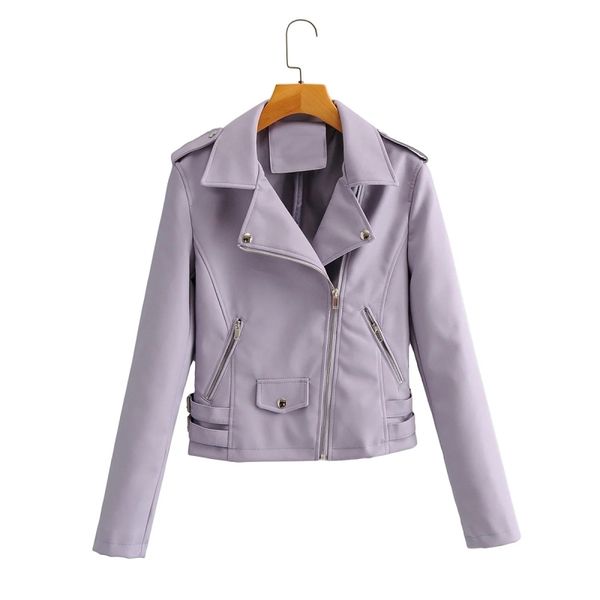

autumn women chic fashion purple side belt leather jacket female rivet zipper pocket lapel collar pu jacket casual chic coat 201030, Black