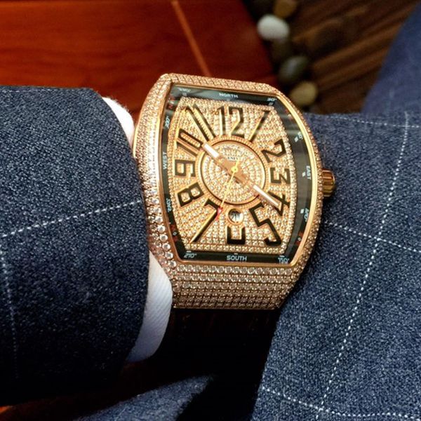 

роскошные часы v45 sc dt полностью автоматическая механические движения синего стекла с покрытием зеркала полных алмазов лицо дата авто удоб, Slivery;brown