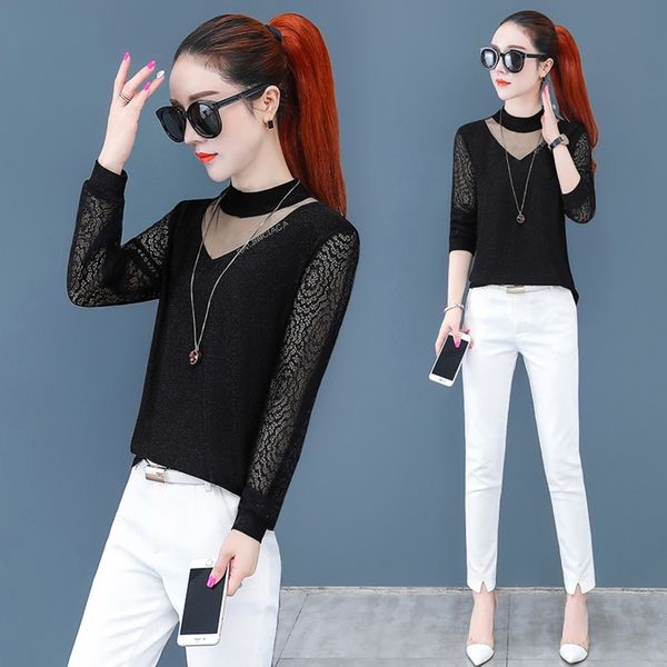 

squcc new elegant lady fashion t-shirt ts292009 autumn 2020 slim half-high collar long sleeve stitching short shirt hytmv, White