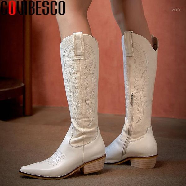 

covibesco retro casual fashion embroider women knee-high boots pointed toe high heels shoes woman new genuine leather long boots1, Black