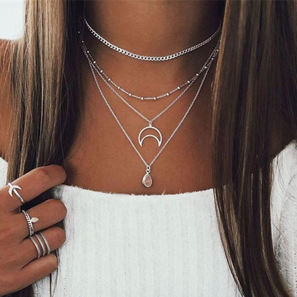 

chokers bohemia silver color multilayer long chain choker necklace women girl moon pendant jewelry resin water drop collares, Golden;silver