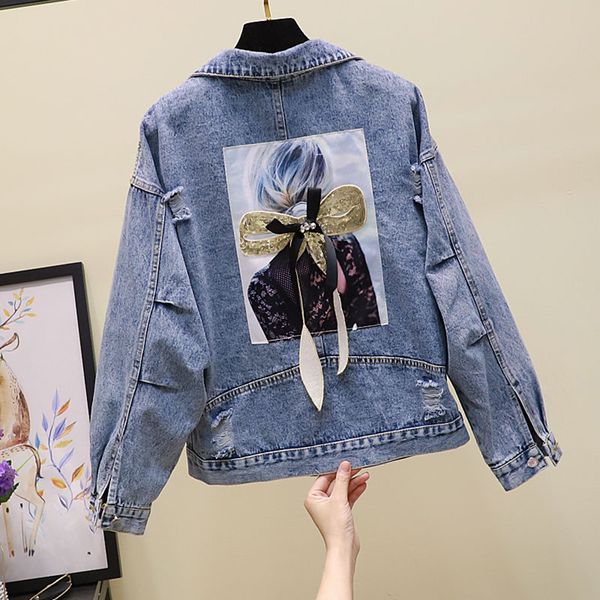 

women embroidery flowers denim jacket turn-down collar jean jacket for women loose casual ripped holes jean coat female outwear, Black;brown