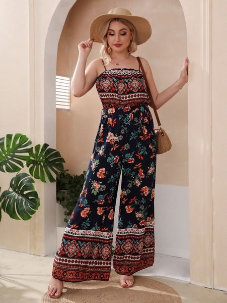 

plus floral print wide leg belted cami jumpsuit z9za#, Black