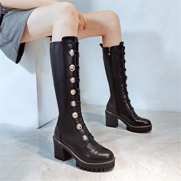 

pxelena new designer metal button knee high boots women genuine leather chunky heels riding knight punk gothic long boots autumn, Black